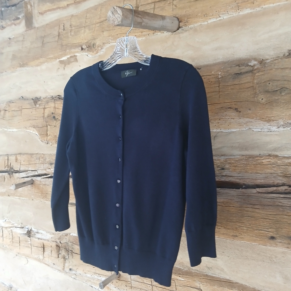 Cyrus Navy Crewneck 3/4 Sleeve Rayon Nylon Cardigan Large - Picture 2 of 7